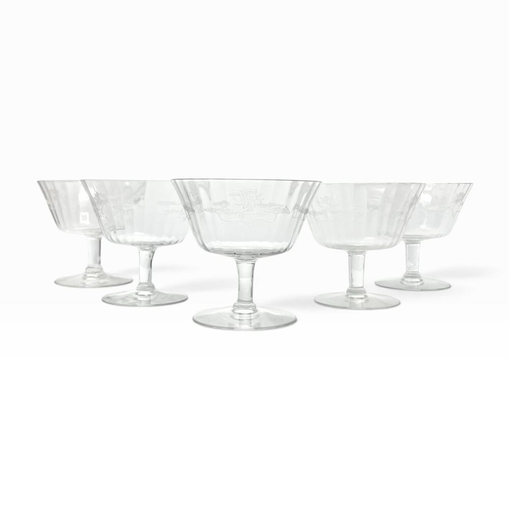 1910s Antique Fostoria “Lotus” 5 Etched Optic Footed Dessert Bowls 5 3/8”